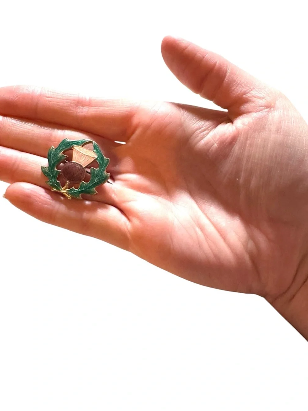 Green Enamel Thistle Pin with Burgundy Accent